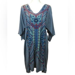 Johnny Was Blue Aztec Design Embroidered Dress Kimono Style Sleeves. Size: M